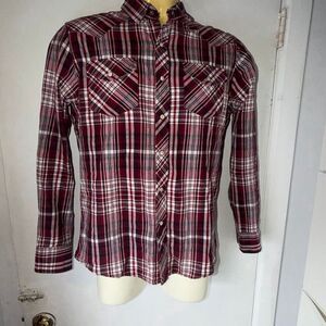 SUN + STONE Maroon Plaid Pearl Snap Button Long Sleeve Shirt-S